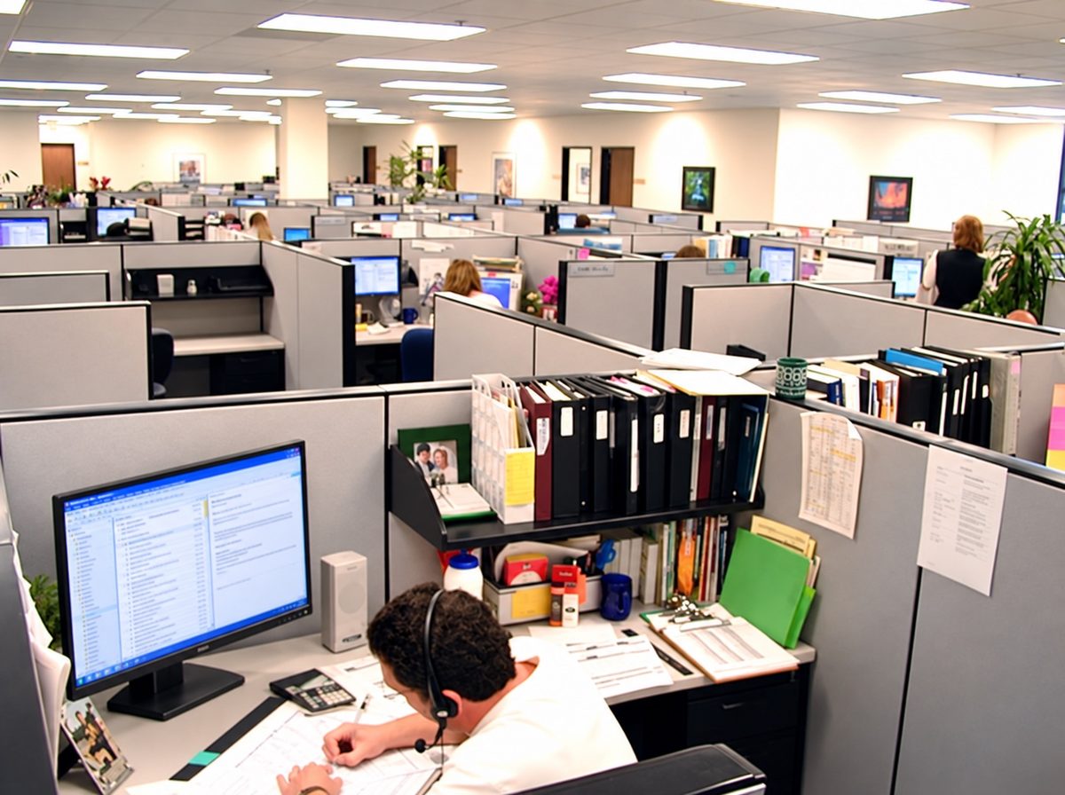 Computer Parts Unlimited office with rows of cubicles and staff on phones