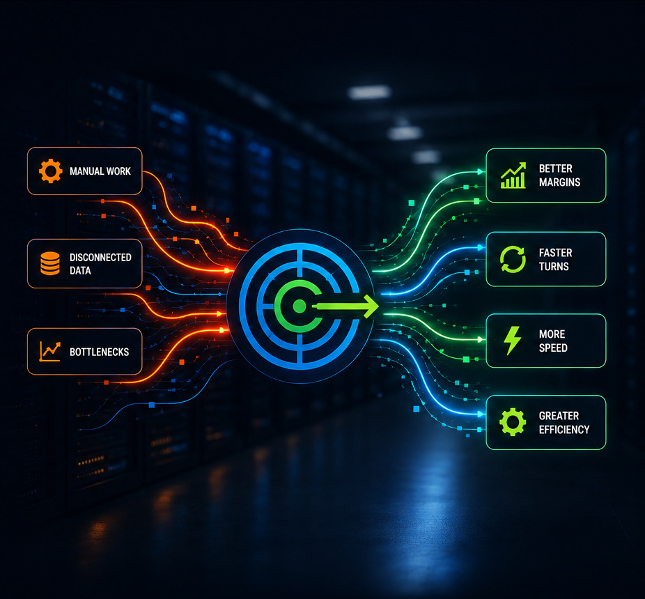 Manual work, disconnected data and bottlenecks flow into a target and come out as better margins, faster turns, more speed and greater efficiency.